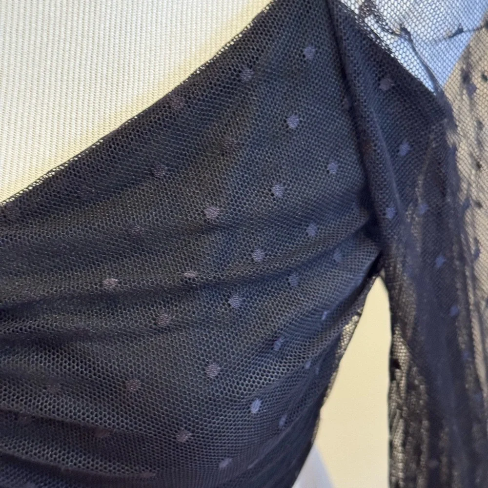 Blue Blush Black Mesh Top Crop Ruched Semi Sheer Polka Dots L